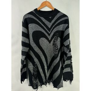 Killstar Women's XS Black Silver‎ Heart Pattern Crew Neck Distressed Sweater